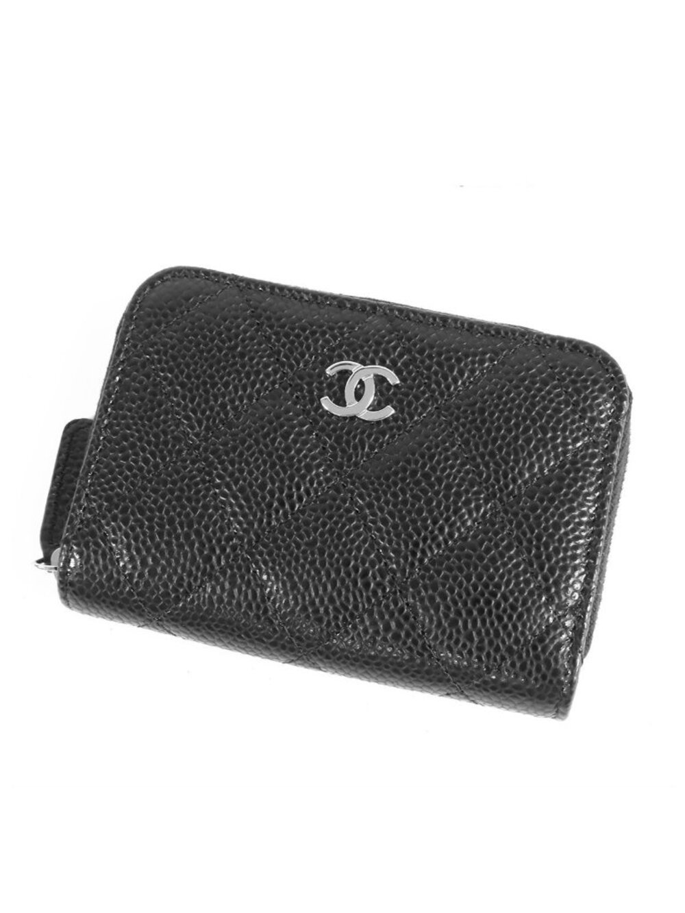 Chanel Classic Zip Coin Purse AP Black Silver Caviar Leather Quilted Stitch